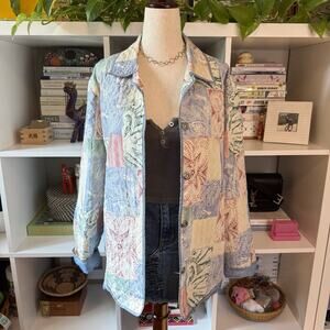 Vintage Quilted Silk Floral Patchwork Button Front Shirt Jacket Wms 14 Pink Blue